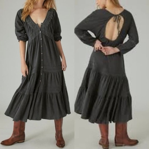 NWT LUCKY BRAND Boho Bohemian Prairie Crochet Peasant Open-Back Tiered Dress - L - Picture 1 of 6